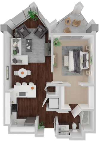 Floor plan for 1 bed, 1 bath, 679 sqft
